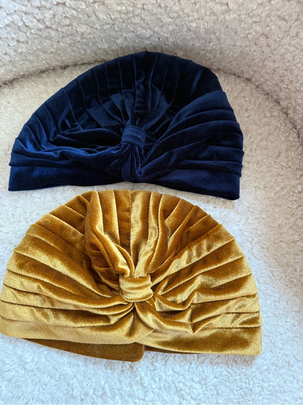 3/$20. Velvet Turban Beanie Set in Navy and Mustard